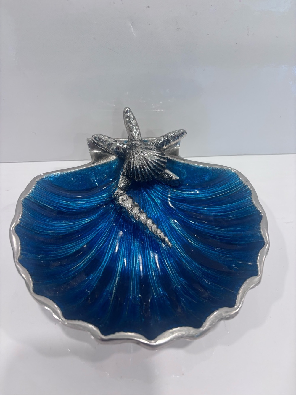 Nautical shell blue enamel scalloped trinket dish coastal cast aluminum